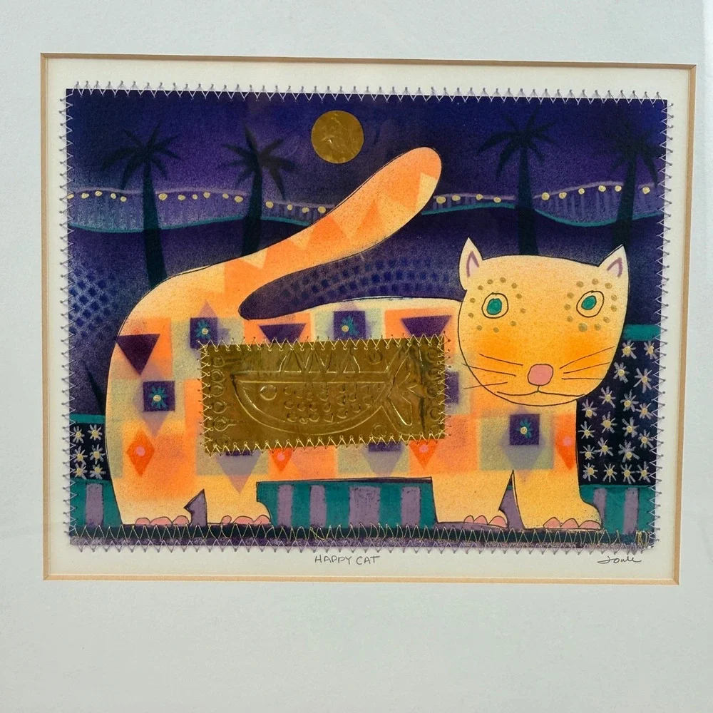 Terry McIlrath Joule Happy Cat Mixed Media‎ Painting Embroidery Gold Foil Framed